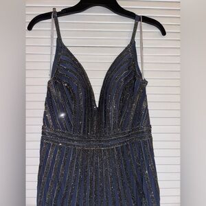 Jovani Navy and Black Striped Gown